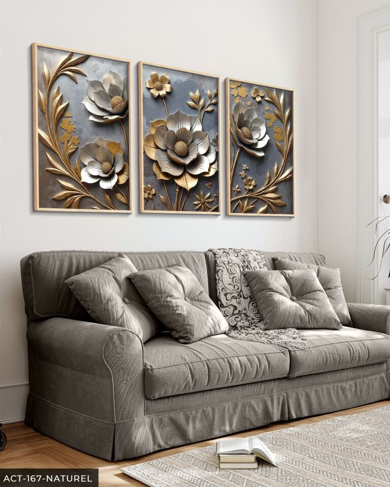 Gold Yapraklı Gümüş Çiçek 3 Parça Ahşap Çerçeveli Tablo ACT Naturel - 20 x 30 CM