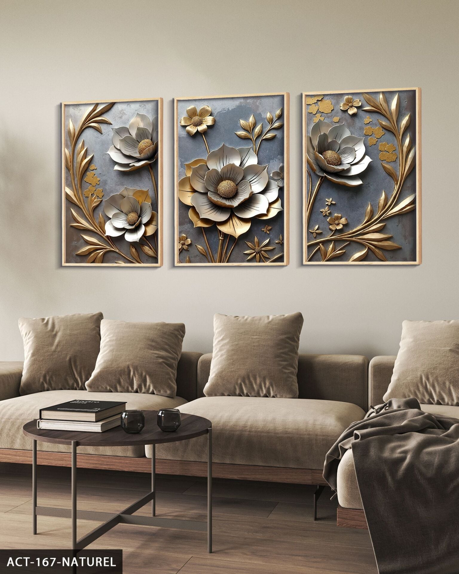 Gold Yapraklı Gümüş Çiçek 3 Parça Ahşap Çerçeveli Tablo ACT Naturel - 20 x 30 CM