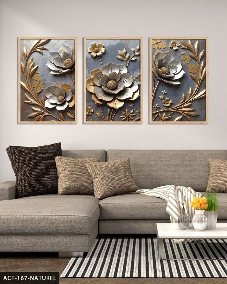Gold Yapraklı Gümüş Çiçek 3 Parça Ahşap Çerçeveli Tablo ACT Naturel - 20 x 30 CM