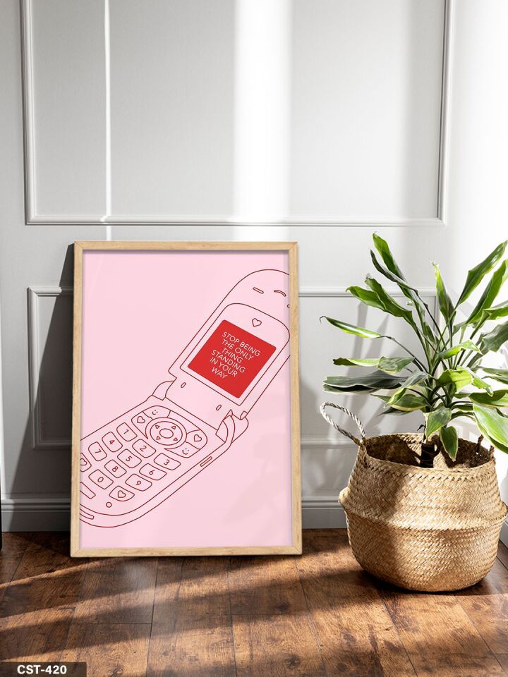 Pembe Telefon Tek Parça Ahşap Çerçeveli Tablo