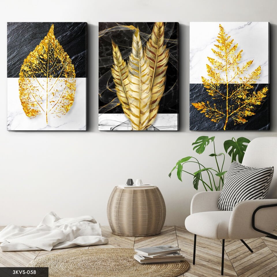 Gold Yapraklar 3 Parça Kanvas - Canvas Tablo 40 x 30 CM