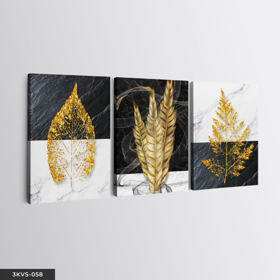 Gold Yapraklar 3 Parça Kanvas - Canvas Tablo 45 x 65 CM