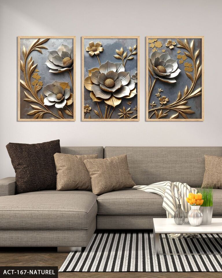 Gold Yapraklı Gümüş Çiçek 3 Parça Ahşap Çerçeveli Tablo ACT Naturel - 30 x 40 CM