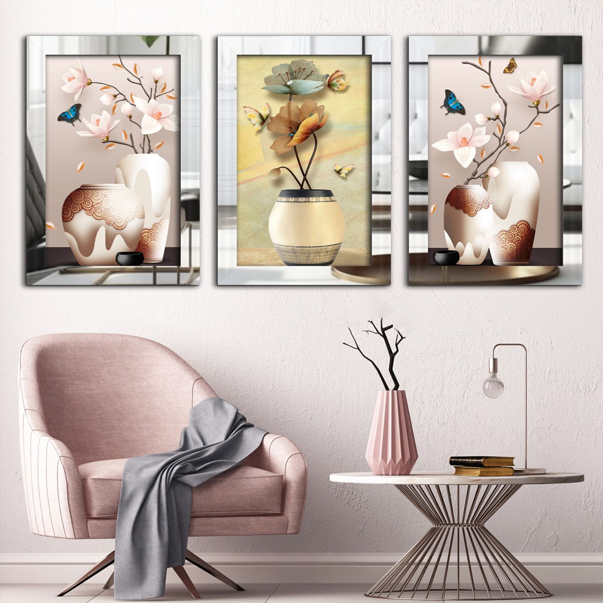 Vazo Çiçekler 3 Parça Pleksi Aynalı Tablo 30 x 40 CM - Gümüş