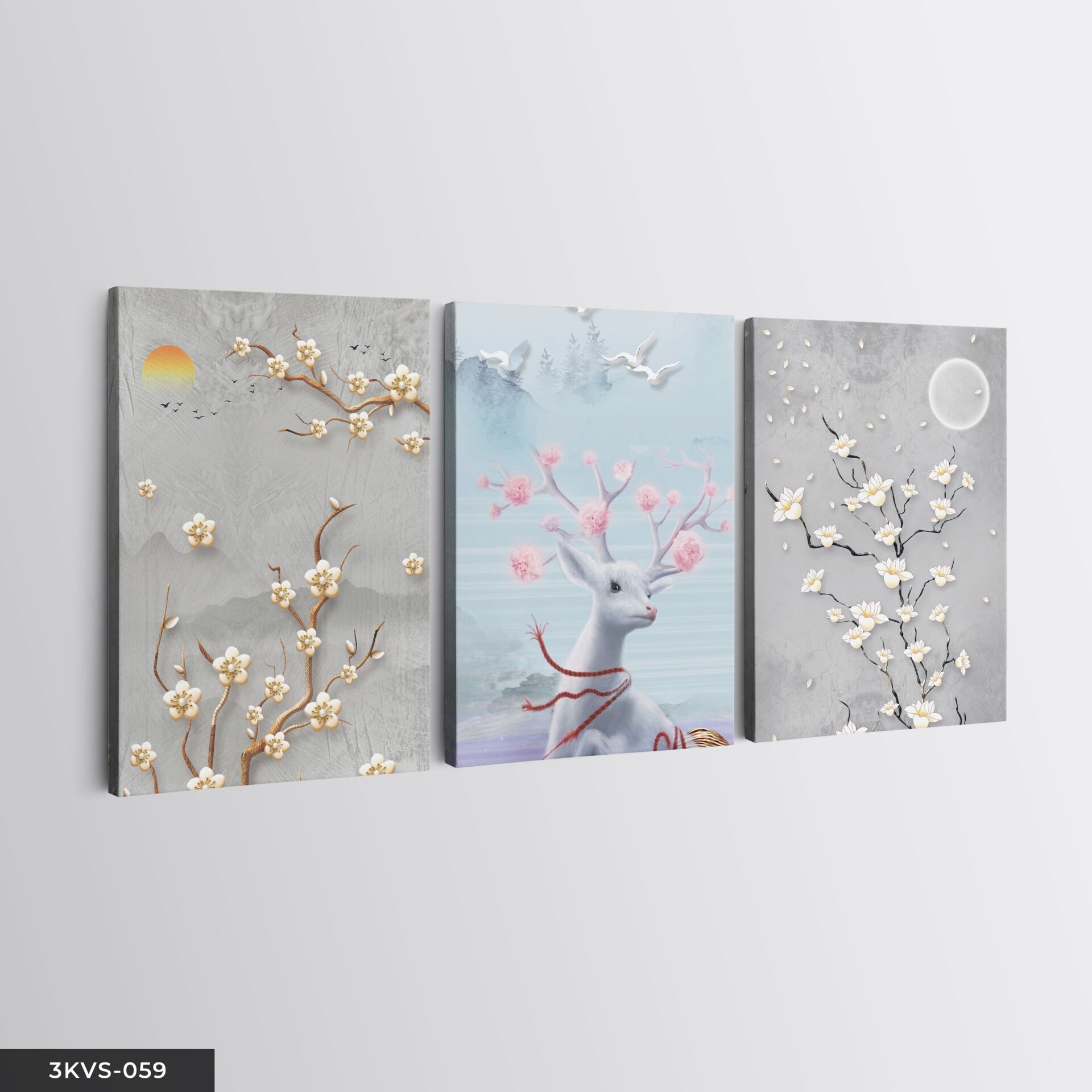 Ağaç Geyik 3 Parça Kanvas - Canvas Tablo 40 x 30 CM