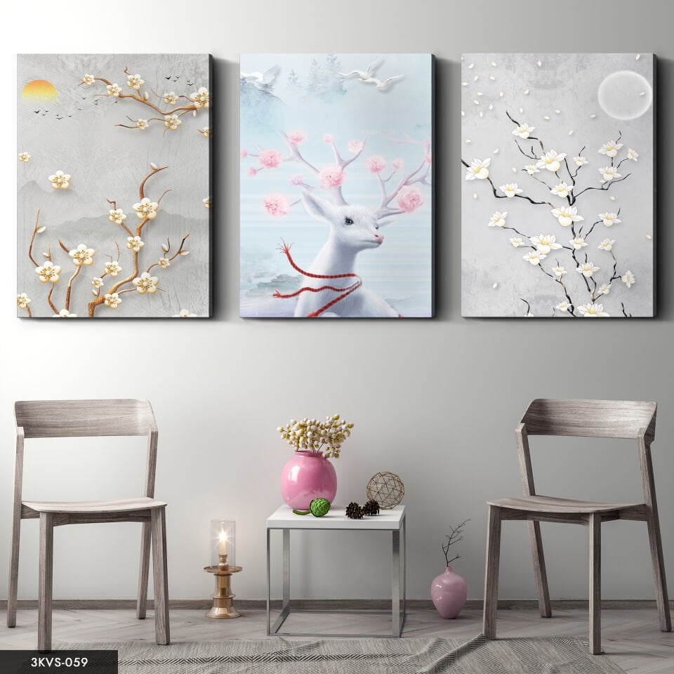 Ağaç Geyik 3 Parça Kanvas - Canvas Tablo 40 x 30 CM
