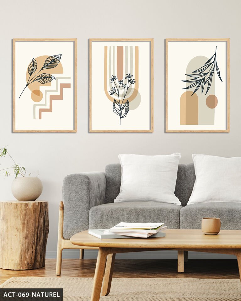 Soyut Çiçek 3 Parça Ahşap Çerçeveli Tablo Naturel - 50 x 70 CM