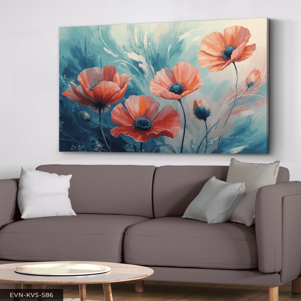 Yağlı Boya Görünümlü Kırmızı Çiçek Tek Parça Kanvas - Canvas Tablo