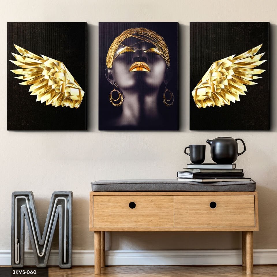 Afrikalı Kadın Gold Kanat 3 Parça Kanvas - Canvas Tablo 40 x 30 CM