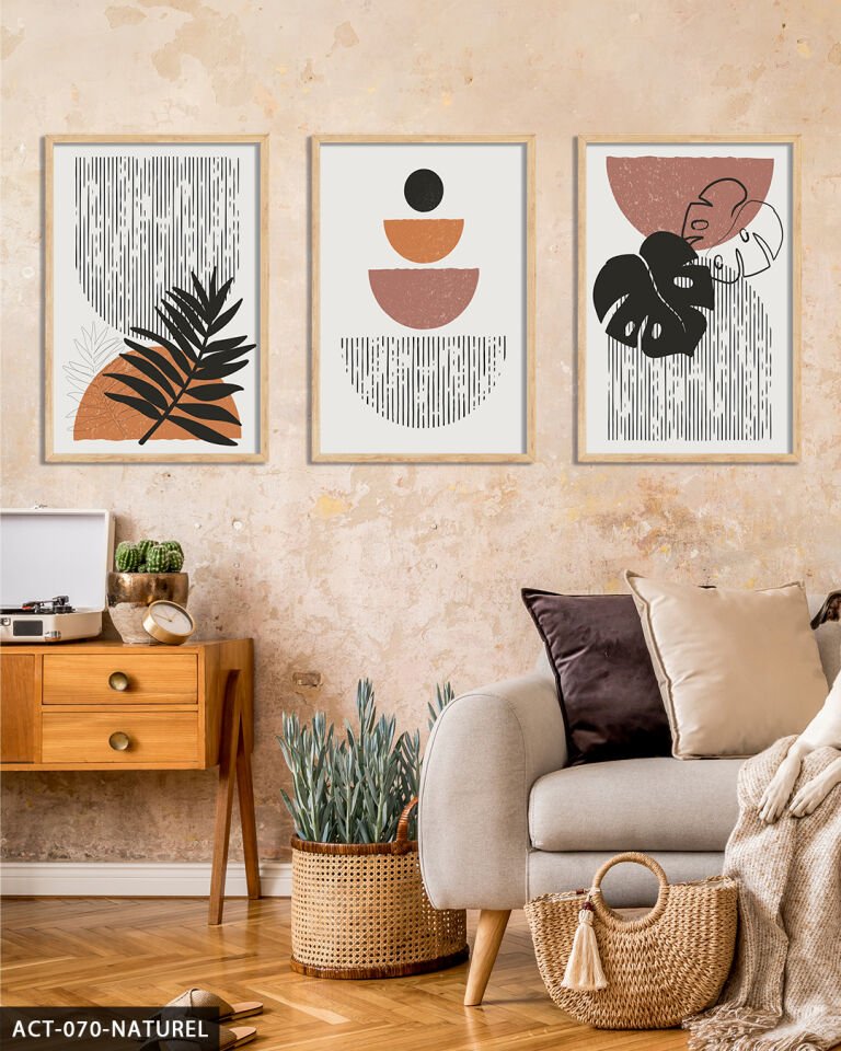 Soyut Yaprak Çiçekler 3 Parça Ahşap Çerçeveli Tablo Naturel - 50 x 70 CM