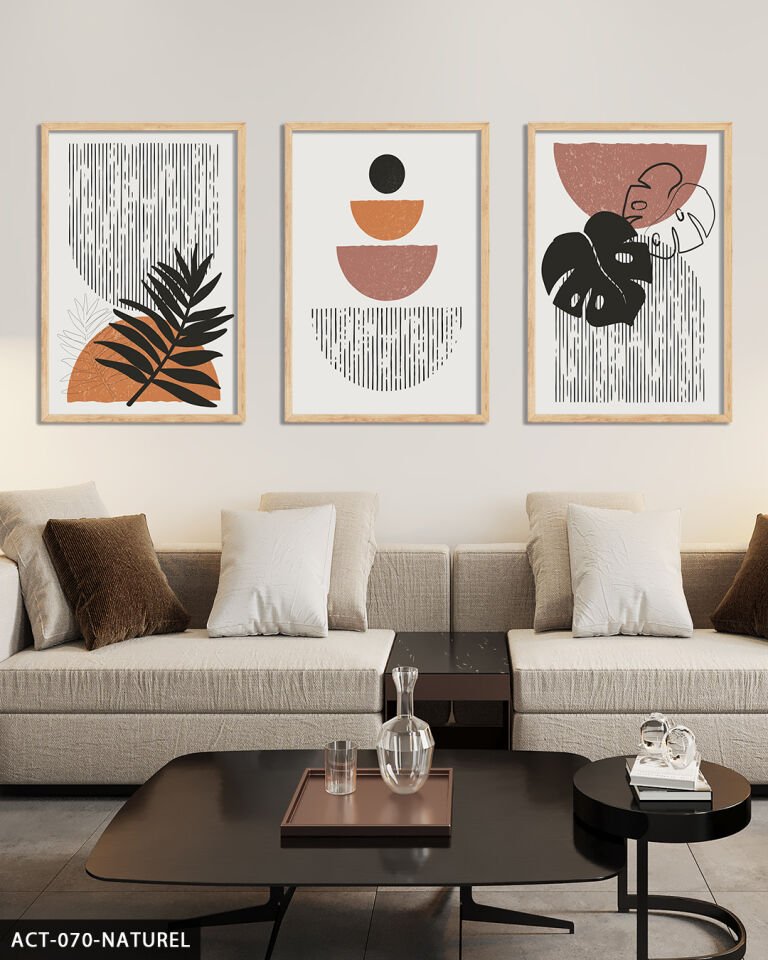 Soyut Yaprak Çiçekler 3 Parça Ahşap Çerçeveli Tablo Naturel - 50 x 70 CM