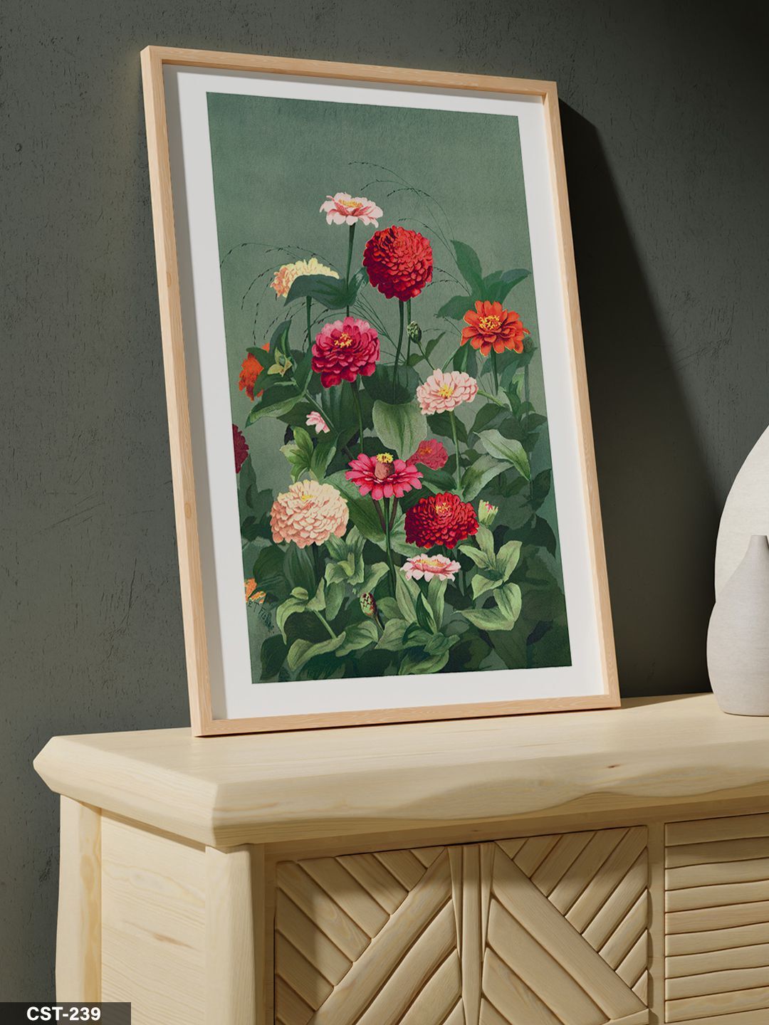 Kırmızı Çiçekli Duvar Tek Parça Ahşap Çerçeveli Tablo Naturel - 30 x 40 CM