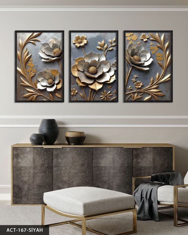 Gold Yapraklı Gümüş Çiçek 3 Parça Ahşap Çerçeveli Tablo ACT Siyah - 20 x 30 CM