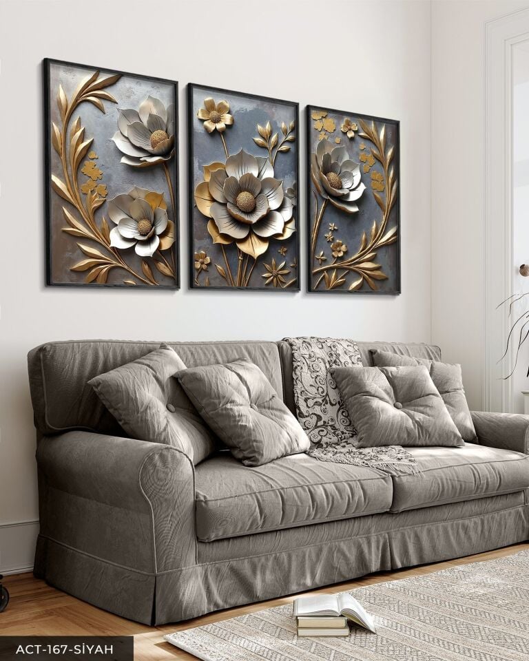 Gold Yapraklı Gümüş Çiçek 3 Parça Ahşap Çerçeveli Tablo ACT Siyah - 20 x 30 CM