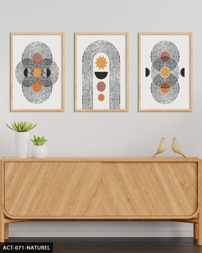 Soyut Desenler 3 Parça Ahşap Çerçeveli Tablo Naturel - 50 x 70 CM