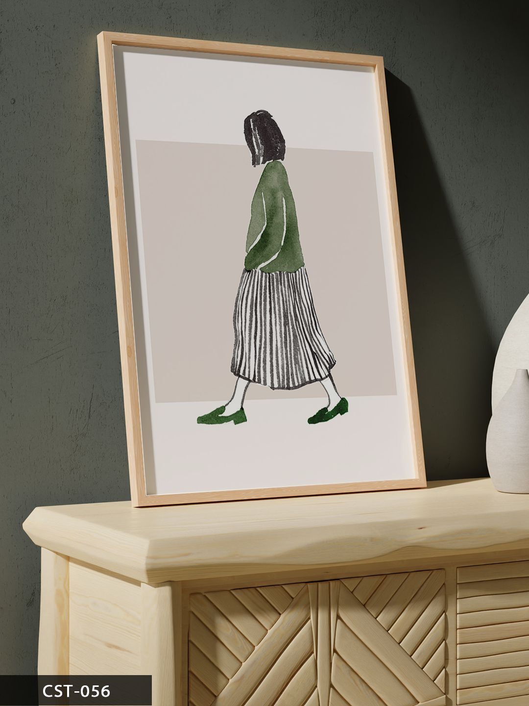 Yeşil Ayakkabılı Kadın Tek Parça Ahşap Çerçeveli Tablo Naturel - 50 x 70 CM