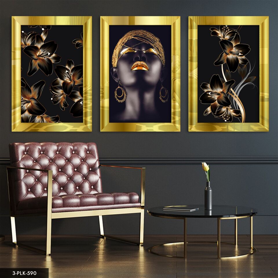 Afrikalı Kadın Çiçek 3 Parça Pleksi Aynalı Tablo 30 x 40 CM - Gold