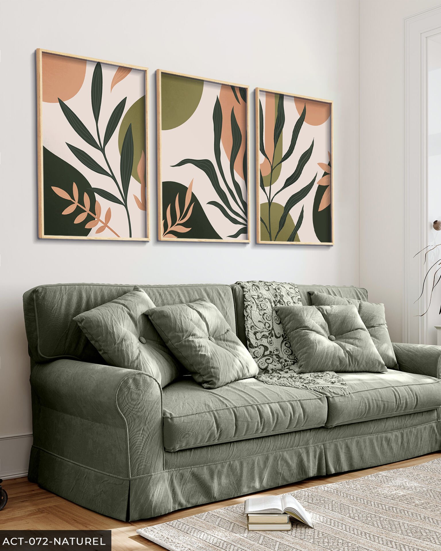 Çiçek Yaprak 3 Parça Ahşap Çerçeveli Tablo Naturel - 50 x 70 CM