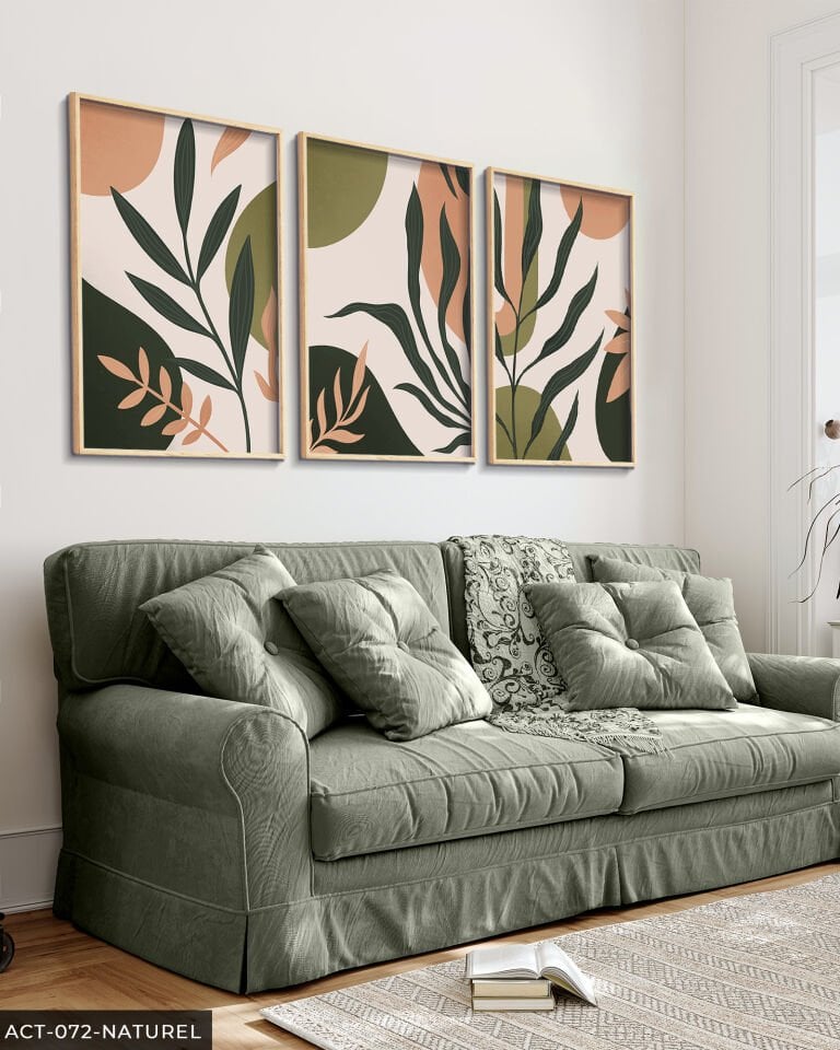 Çiçek Yaprak 3 Parça Ahşap Çerçeveli Tablo Naturel - 50 x 70 CM