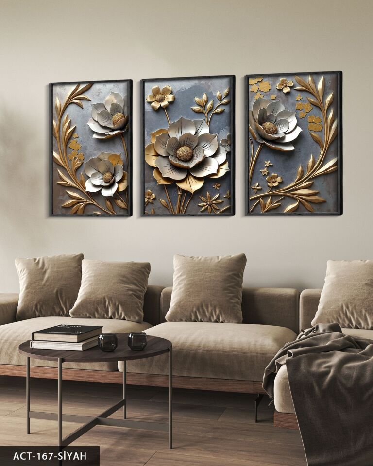 Gold Yapraklı Gümüş Çiçek 3 Parça Ahşap Çerçeveli Tablo ACT Siyah - 30 x 40 CM