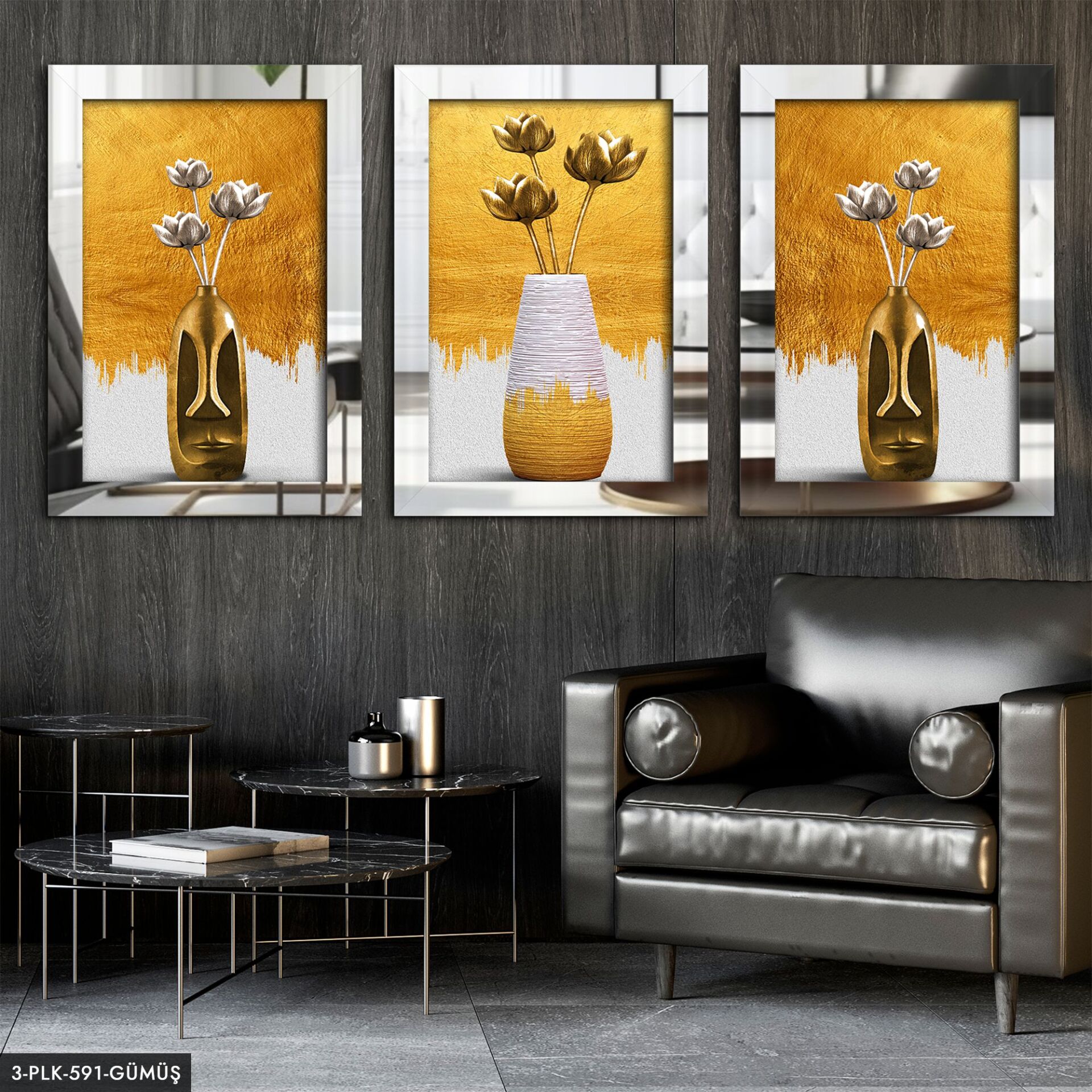 Vazo Çiçekler 3 Parça Pleksi Aynalı Tablo 30 x 40 CM - Gümüş