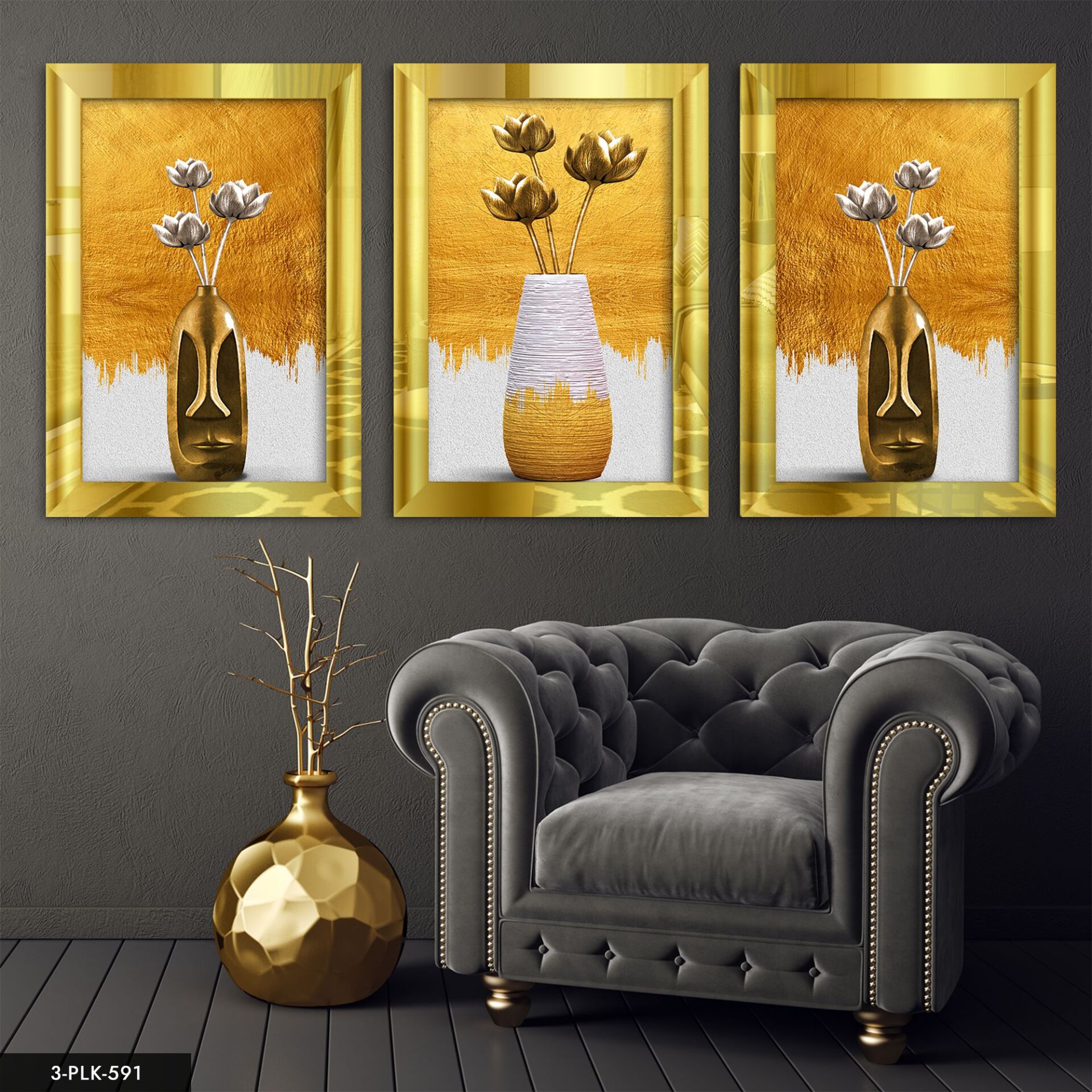 Vazo Çiçekler 3 Parça Pleksi Aynalı Tablo 30 x 40 CM - Gold