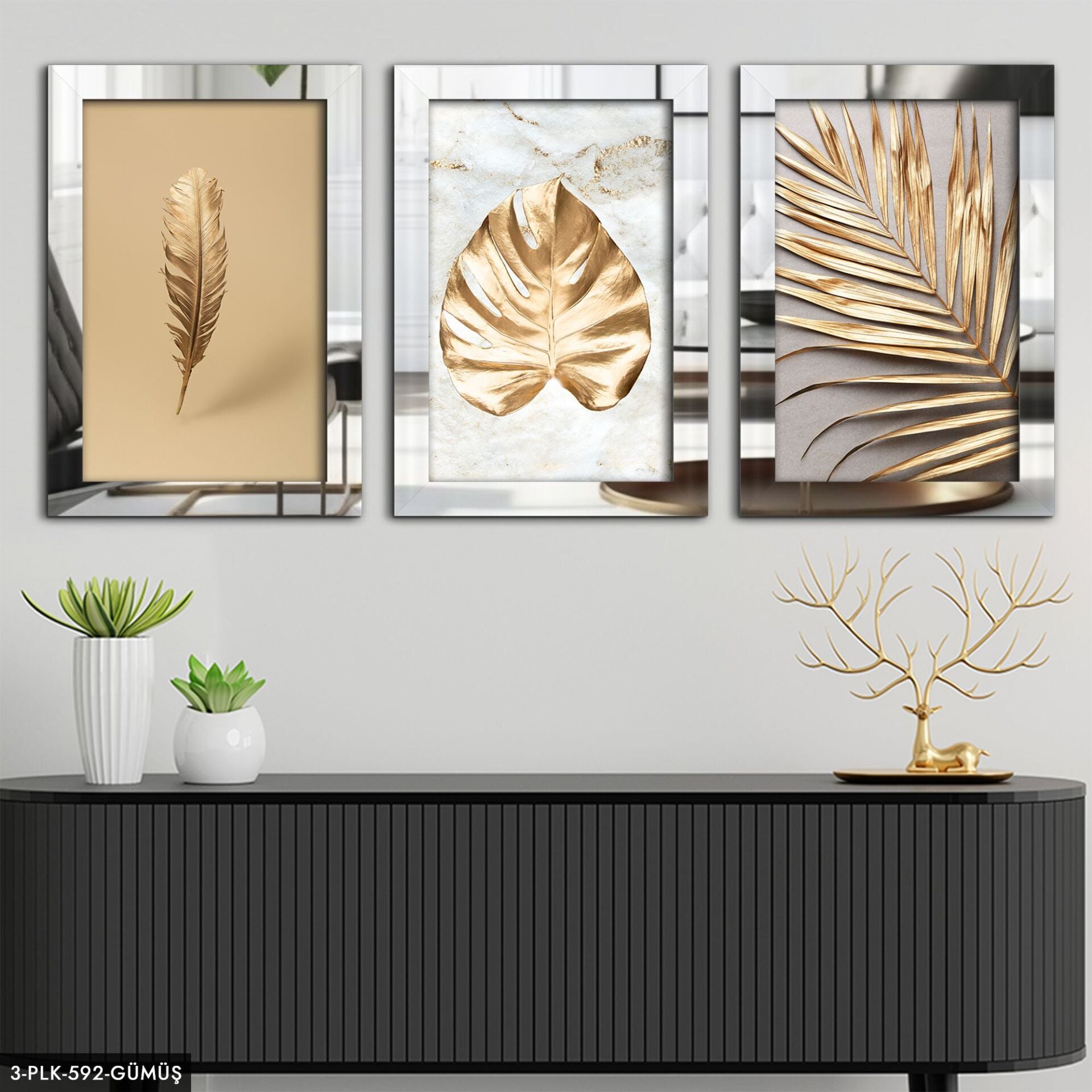 Yapraklar 3 Parça Pleksi Aynalı Tablo 30 x 40 CM - Gümüş