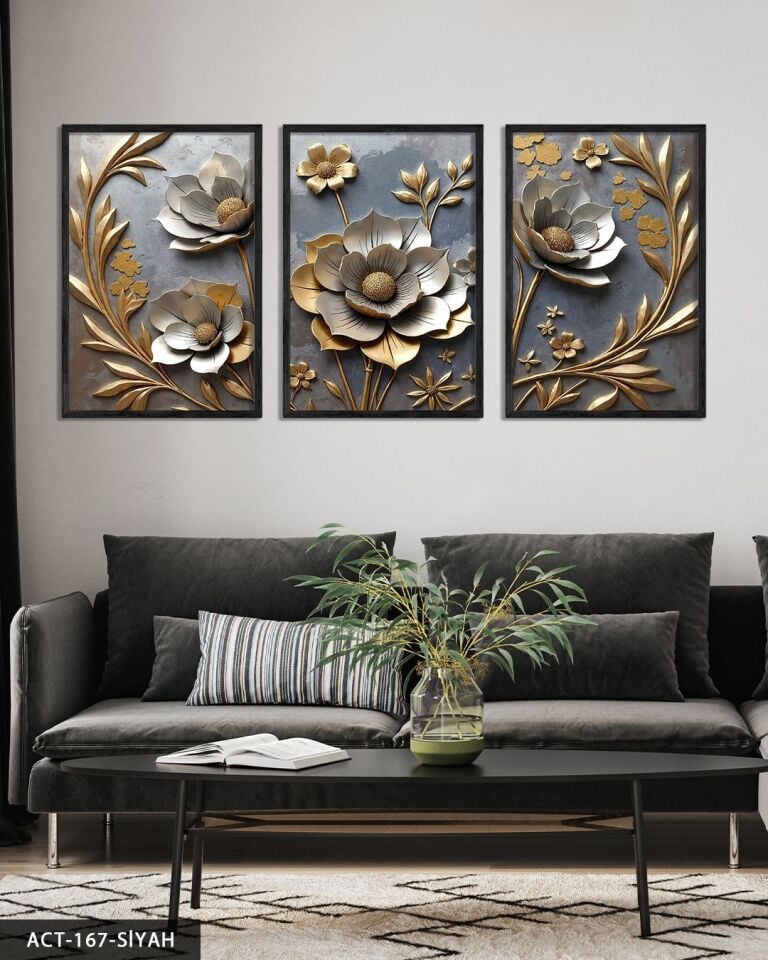 Gold Yapraklı Gümüş Çiçek 3 Parça Ahşap Çerçeveli Tablo ACT Siyah - 50 x 70 CM