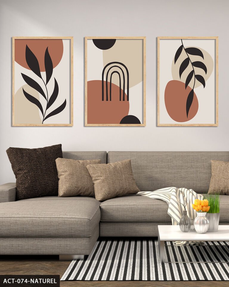 Yaprak Soyut 3 Parça Ahşap Çerçeveli Tablo Naturel - 50 x 70 CM