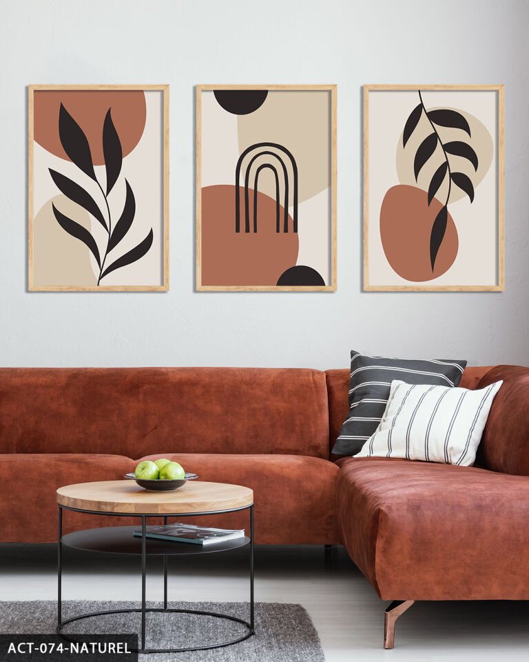 Yaprak Soyut 3 Parça Ahşap Çerçeveli Tablo Naturel - 50 x 70 CM