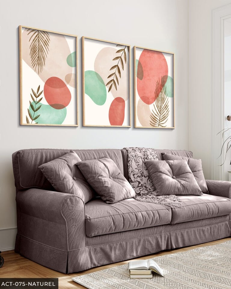 Renkli Soyut Desen 3 Parça Ahşap Çerçeveli Tablo Naturel - 50 x 70 CM