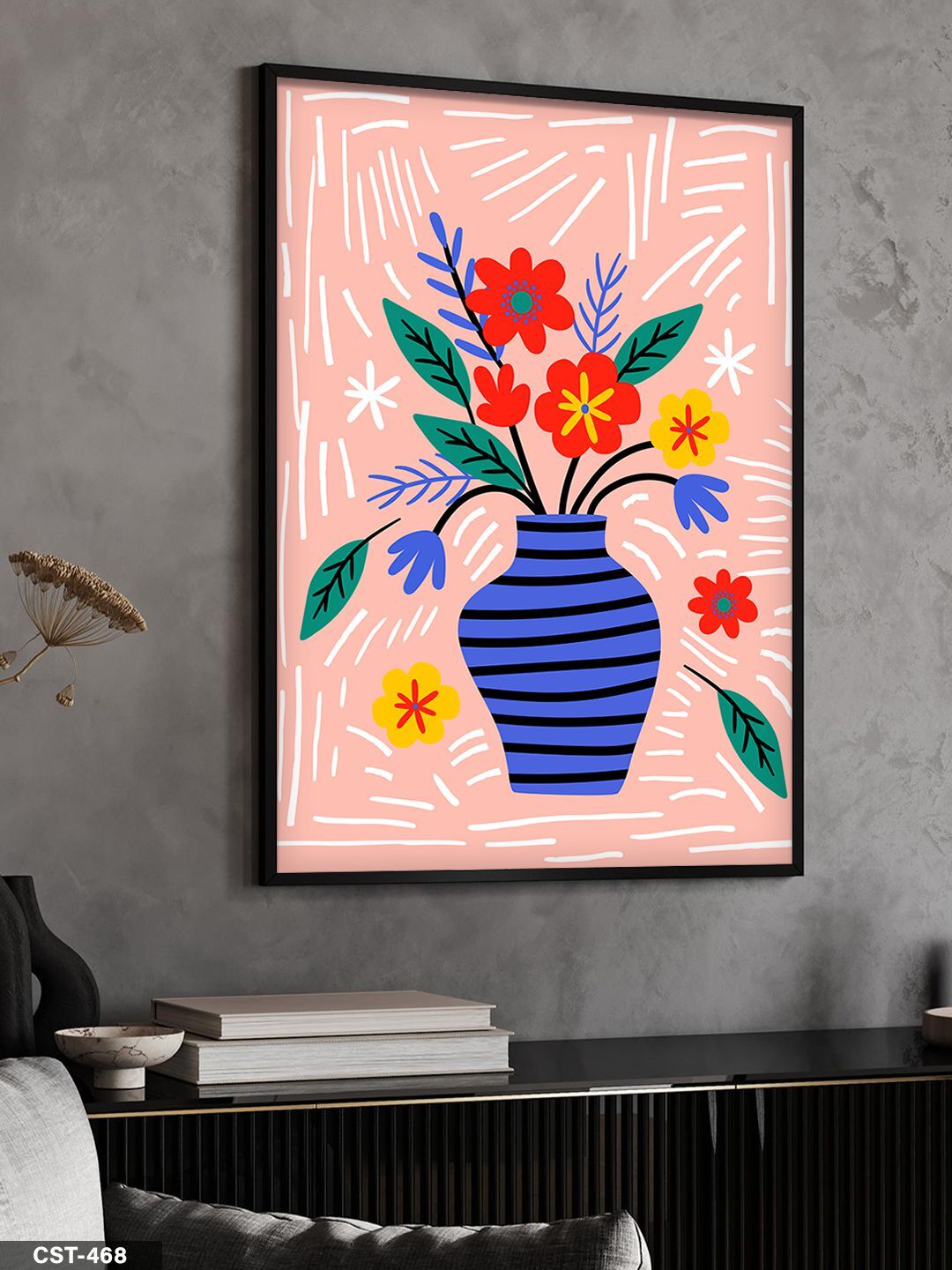 Vazoda Renkli Çiçek Tek Parça Ahşap Çerçeveli Tablo Siyah - 20 x 30 CM