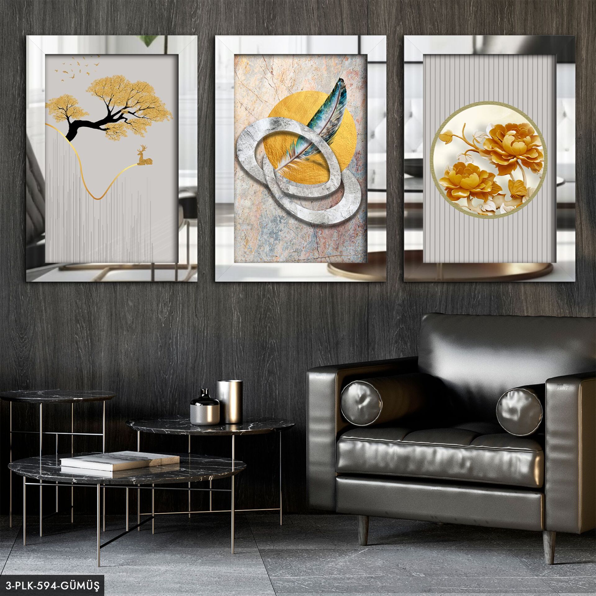 Soyut 3 Parça Pleksi Aynalı Tablo 30 x 40 CM - Gümüş