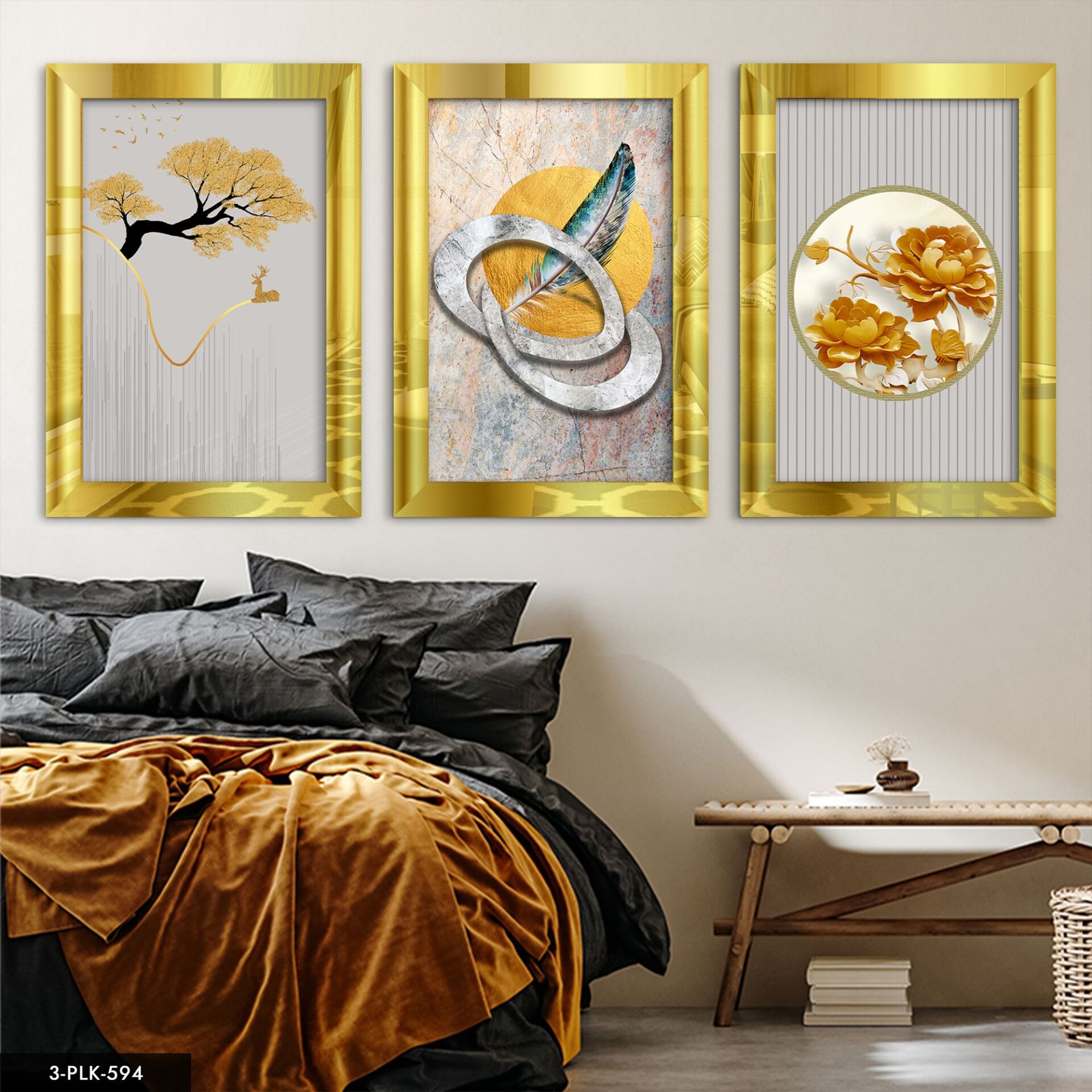 Soyut 3 Parça Pleksi Aynalı Tablo 30 x 40 CM - Gold