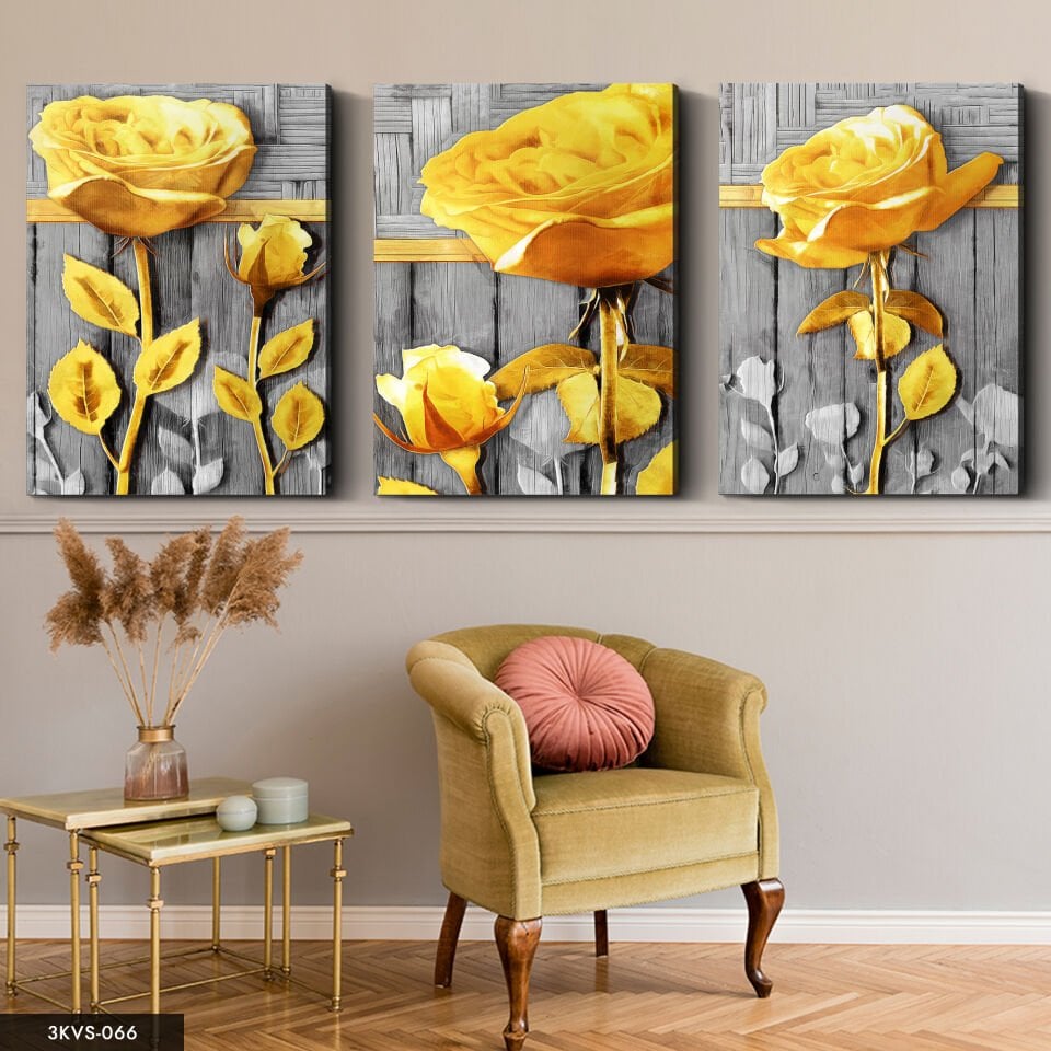Gold Çiçekler 3 Parça Kanvas - Canvas Tablo 40 x 30 CM