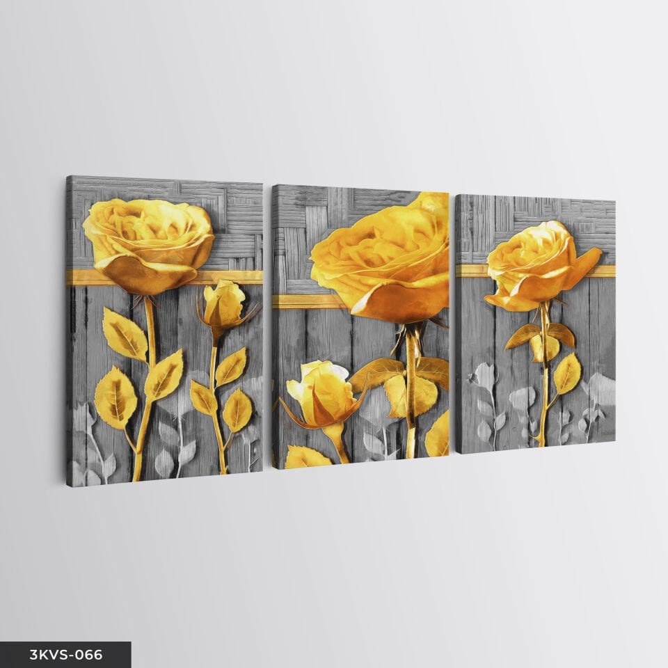 Gold Çiçekler 3 Parça Kanvas - Canvas Tablo 45 x 65 CM