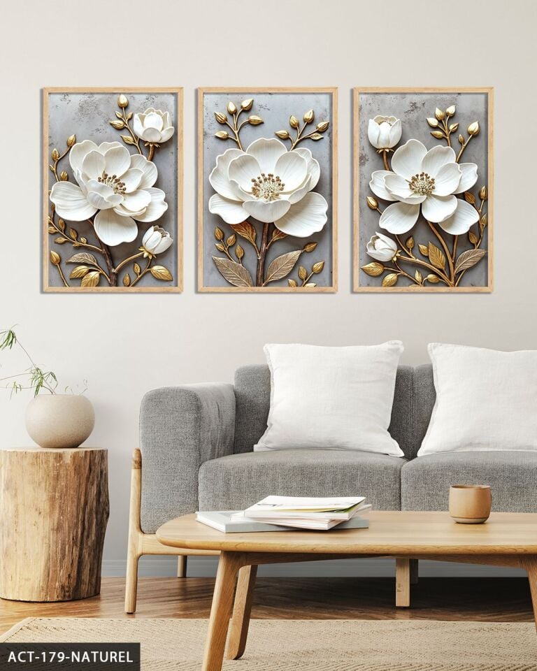 Gold Yapraklı Beyaz Çiçek 3 Parça Ahşap Çerçeveli Tablo ACT Naturel - 20 x 30 CM