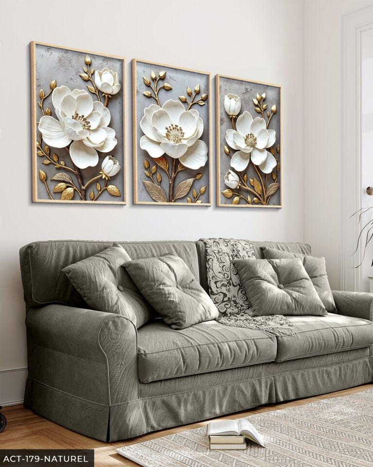 Gold Yapraklı Beyaz Çiçek 3 Parça Ahşap Çerçeveli Tablo ACT Naturel - 20 x 30 CM