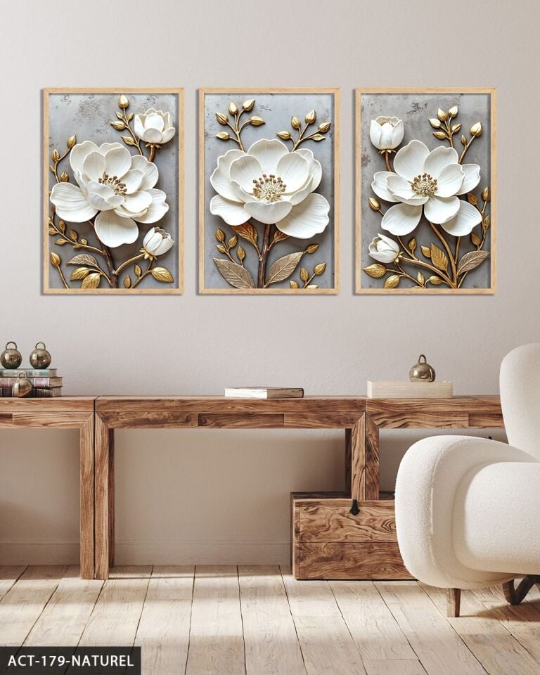 Gold Yapraklı Beyaz Çiçek 3 Parça Ahşap Çerçeveli Tablo ACT Naturel - 20 x 30 CM