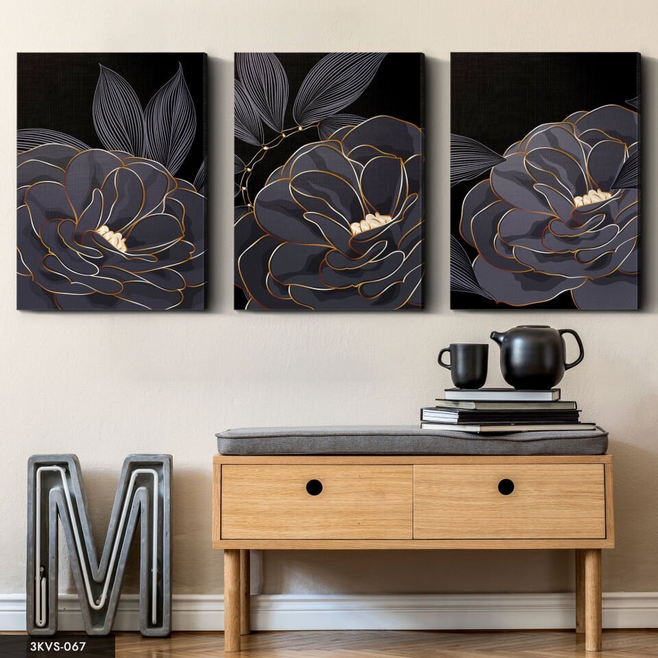 Gold Çiçekler 3 Parça Kanvas - Canvas Tablo 40 x 30 CM