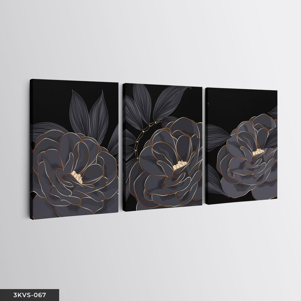Gold Çiçekler 3 Parça Kanvas - Canvas Tablo 45 x 65 CM