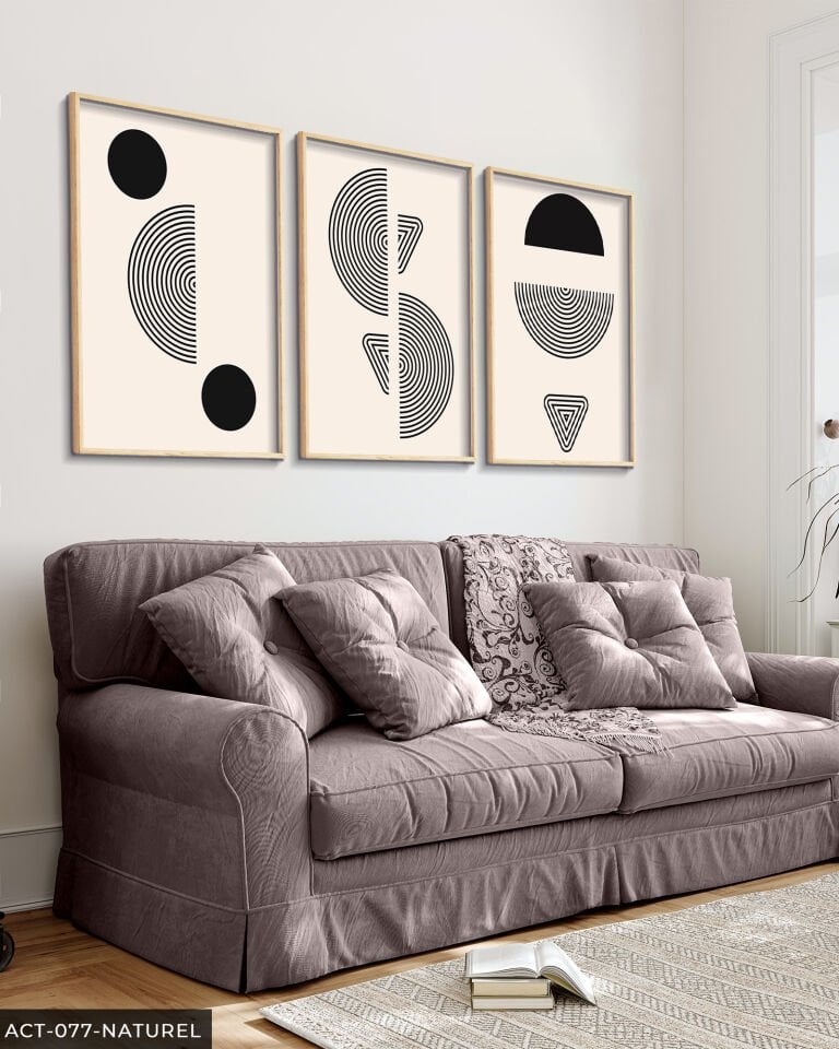 Soyut Geometrik Desenler 3 Parça Ahşap Çerçeveli Tablo Naturel - 50 x 70 CM