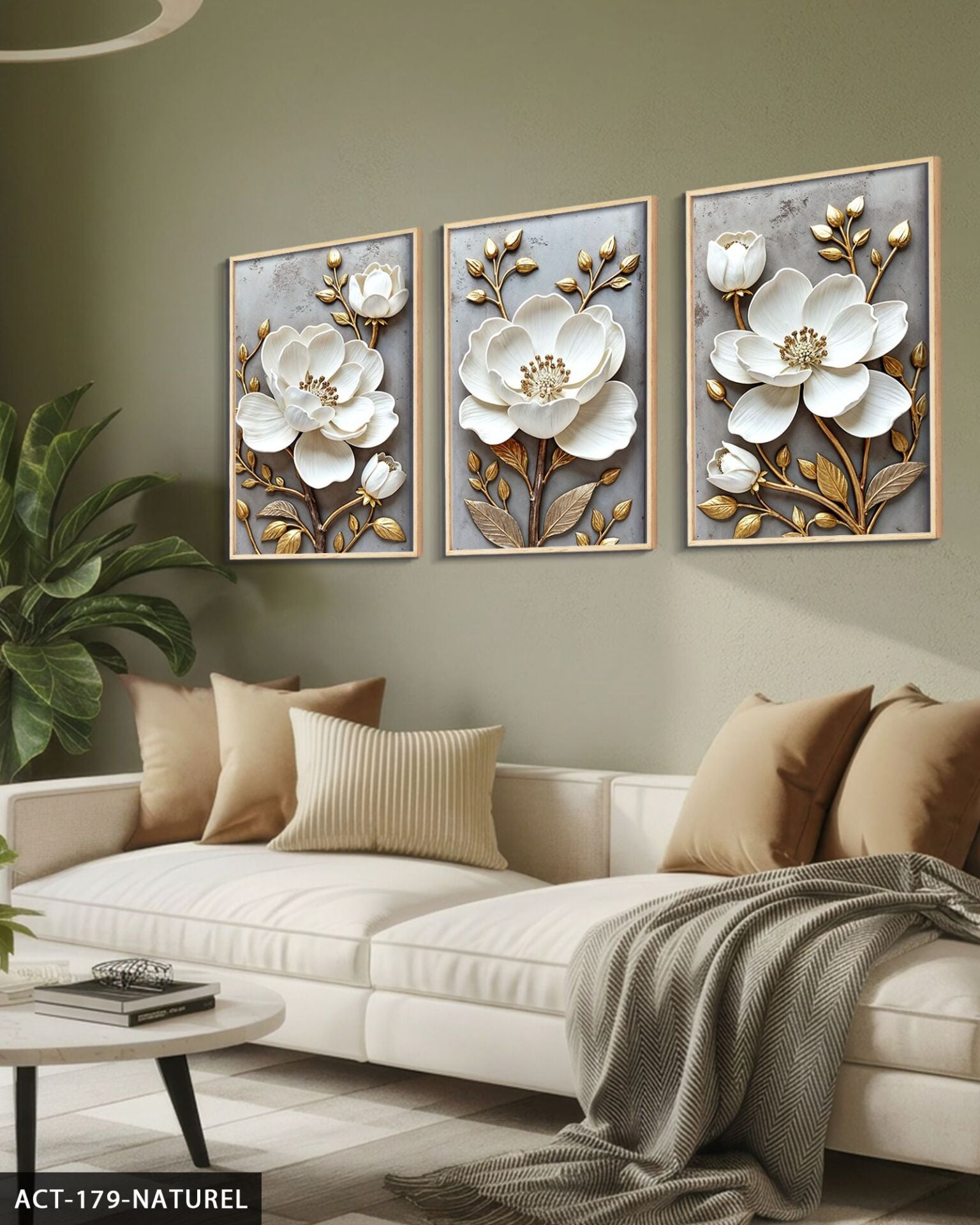 Gold Yapraklı Beyaz Çiçek 3 Parça Ahşap Çerçeveli Tablo ACT Naturel - 30 x 40 CM