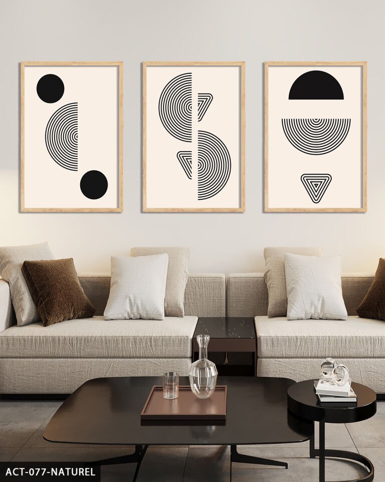 Soyut Geometrik Desenler 3 Parça Ahşap Çerçeveli Tablo Naturel - 50 x 70 CM