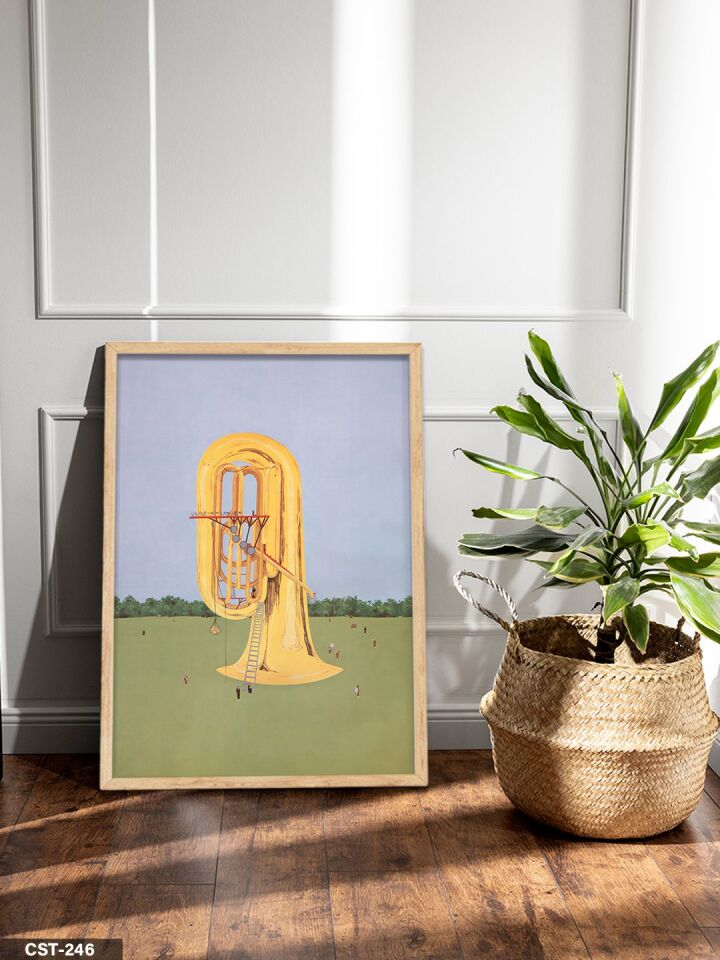 Yeşil Zeminde Saksafon Tek Parça Ahşap Çerçeveli Tablo Naturel - 30 x 40 CM