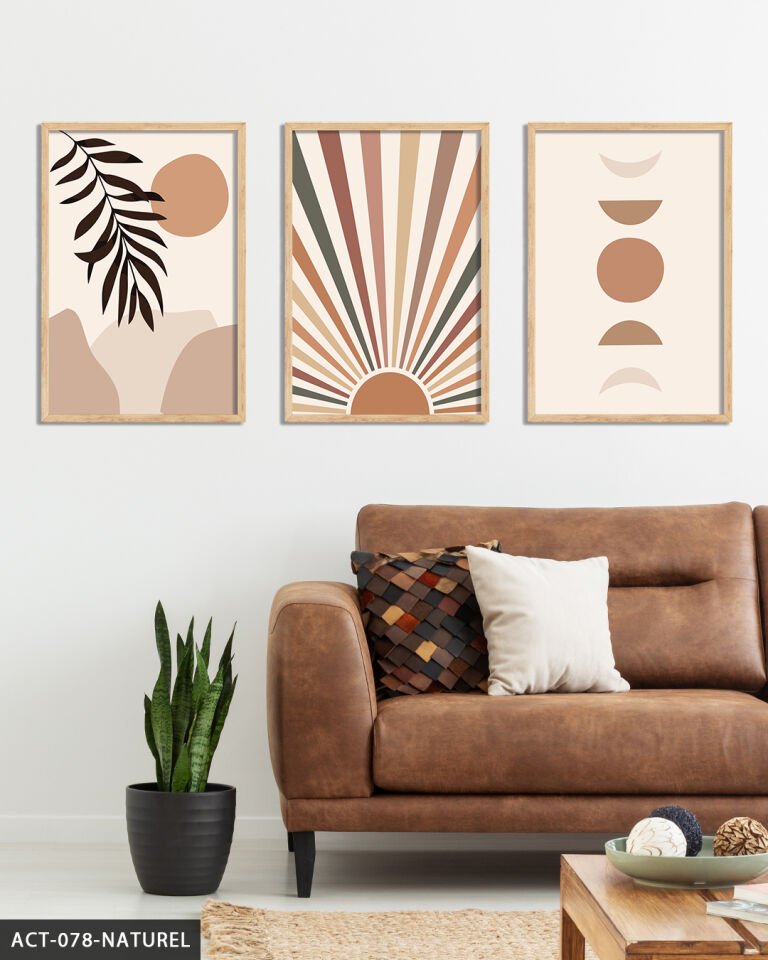 Soyut Desen 3 Parça Ahşap Çerçeveli Tablo Naturel - 50 x 70 CM