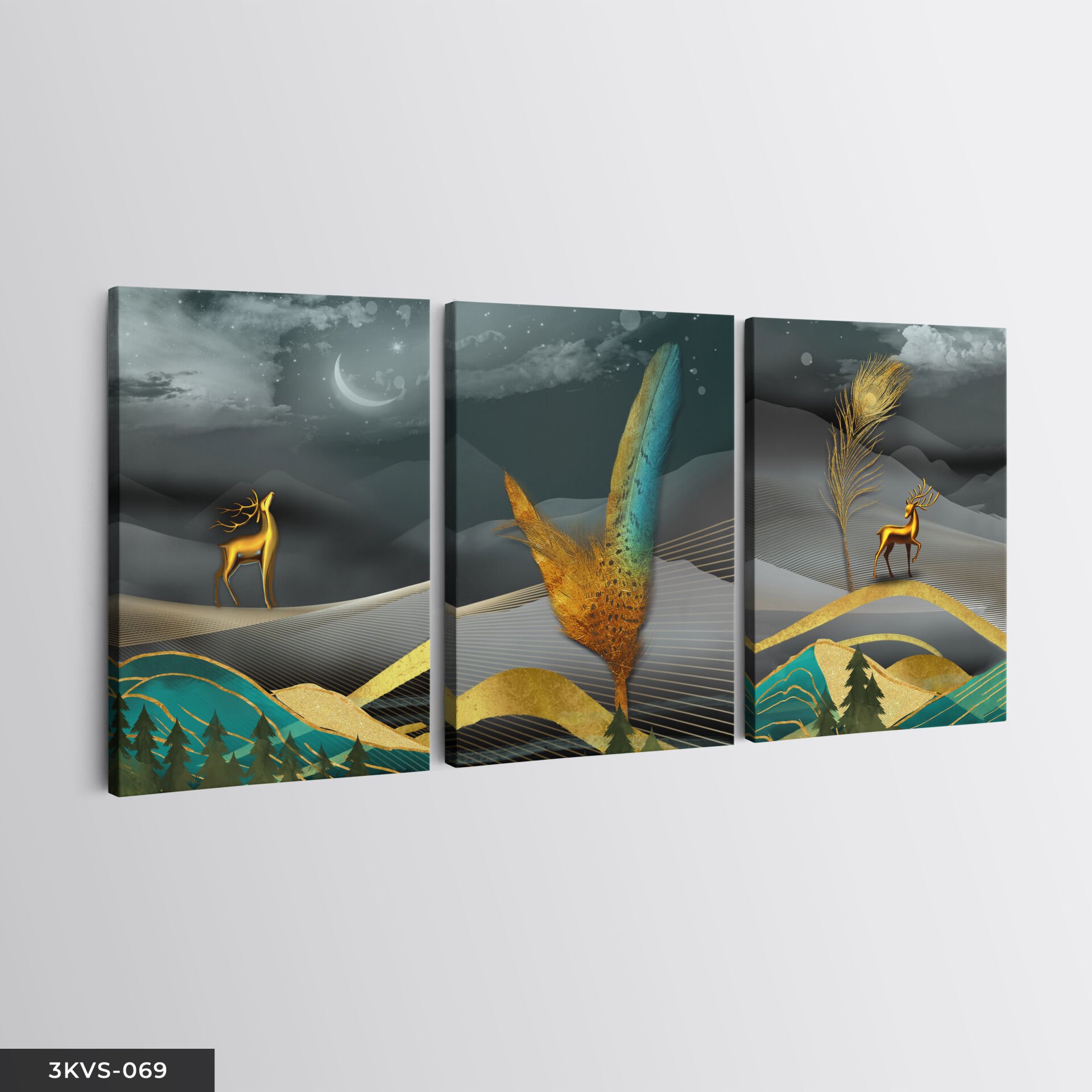 Soyut Sanatsal Geyik 3 Parça Kanvas - Canvas Tablo 40 x 30 CM