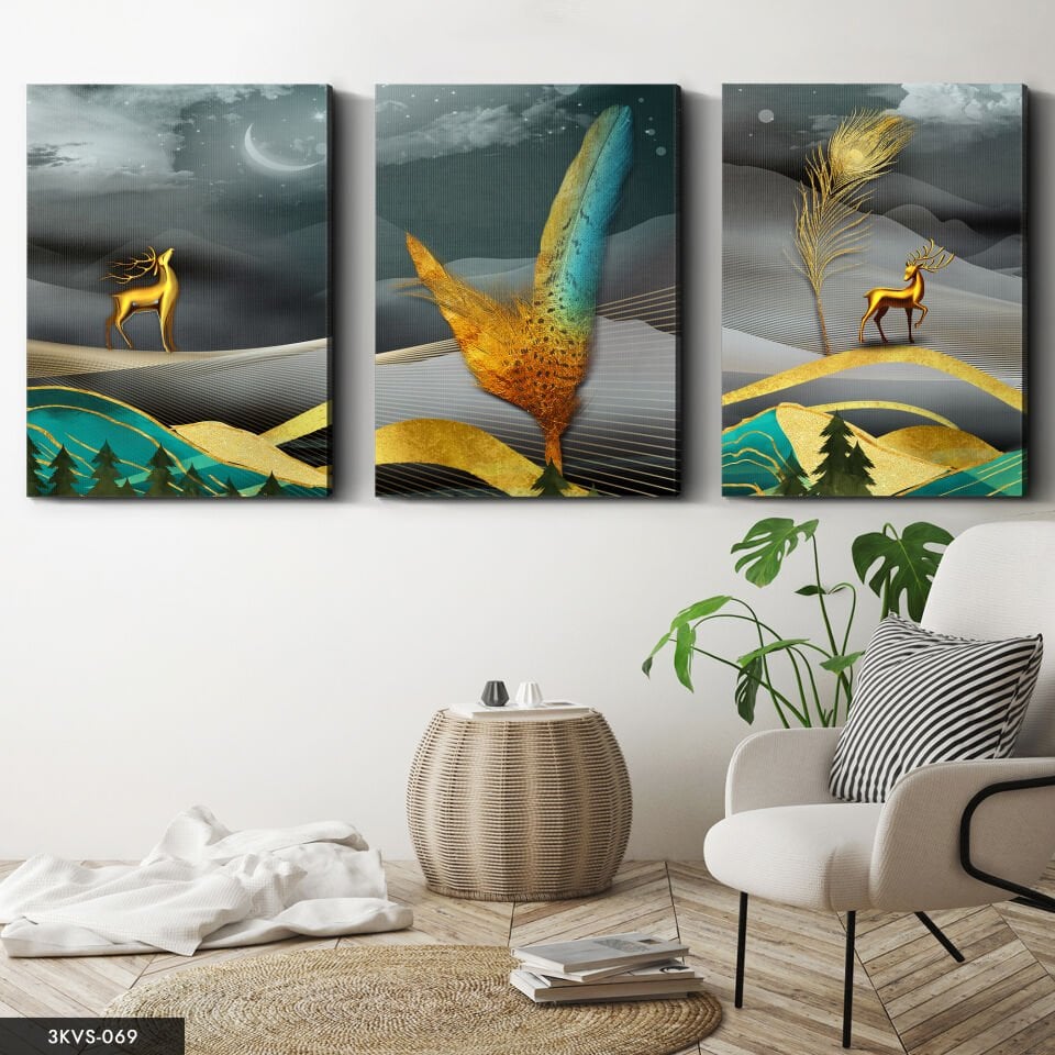 Soyut Sanatsal Geyik 3 Parça Kanvas - Canvas Tablo 40 x 30 CM