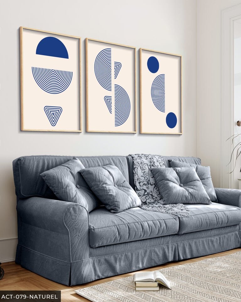 Mavi Soyut Desen 3 Parça Ahşap Çerçeveli Tablo Naturel - 50 x 70 CM