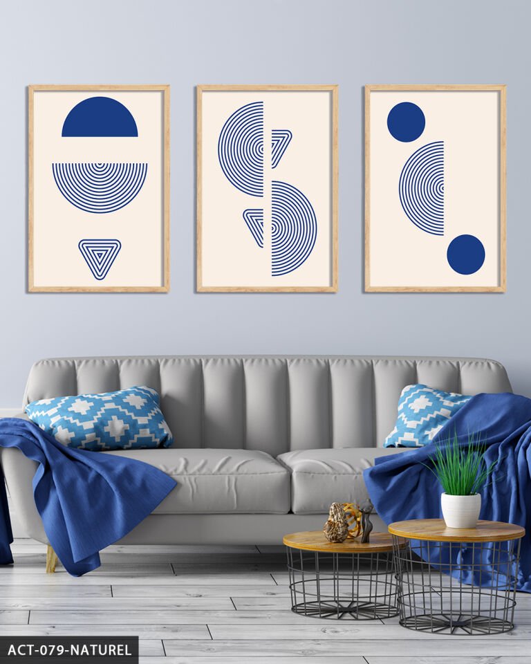 Mavi Soyut Desen 3 Parça Ahşap Çerçeveli Tablo Naturel - 50 x 70 CM